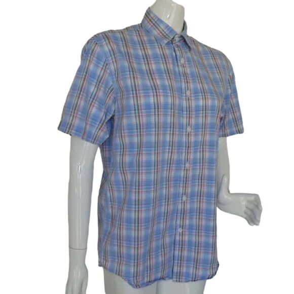 JAMES CAMPBELL Shirt, M, Blue Plaid, Short sleeves, Button down, Cotton - Picture 2 of 12